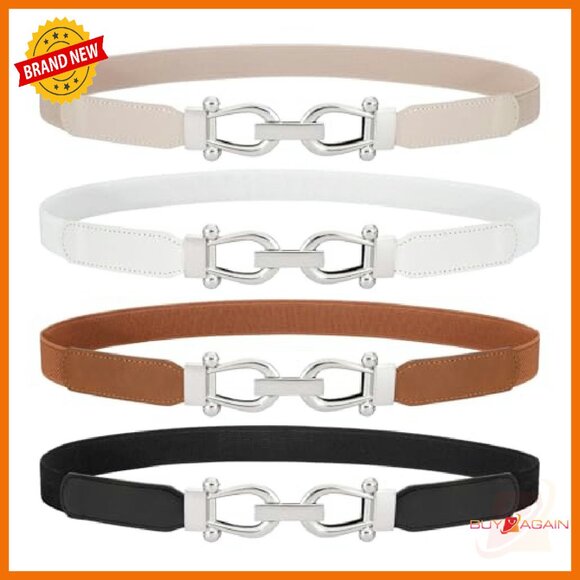 Skinny Elastic Waist Belt Stretchy Thin Gold Buckle for Jeans Dress - Picture 2 of 7